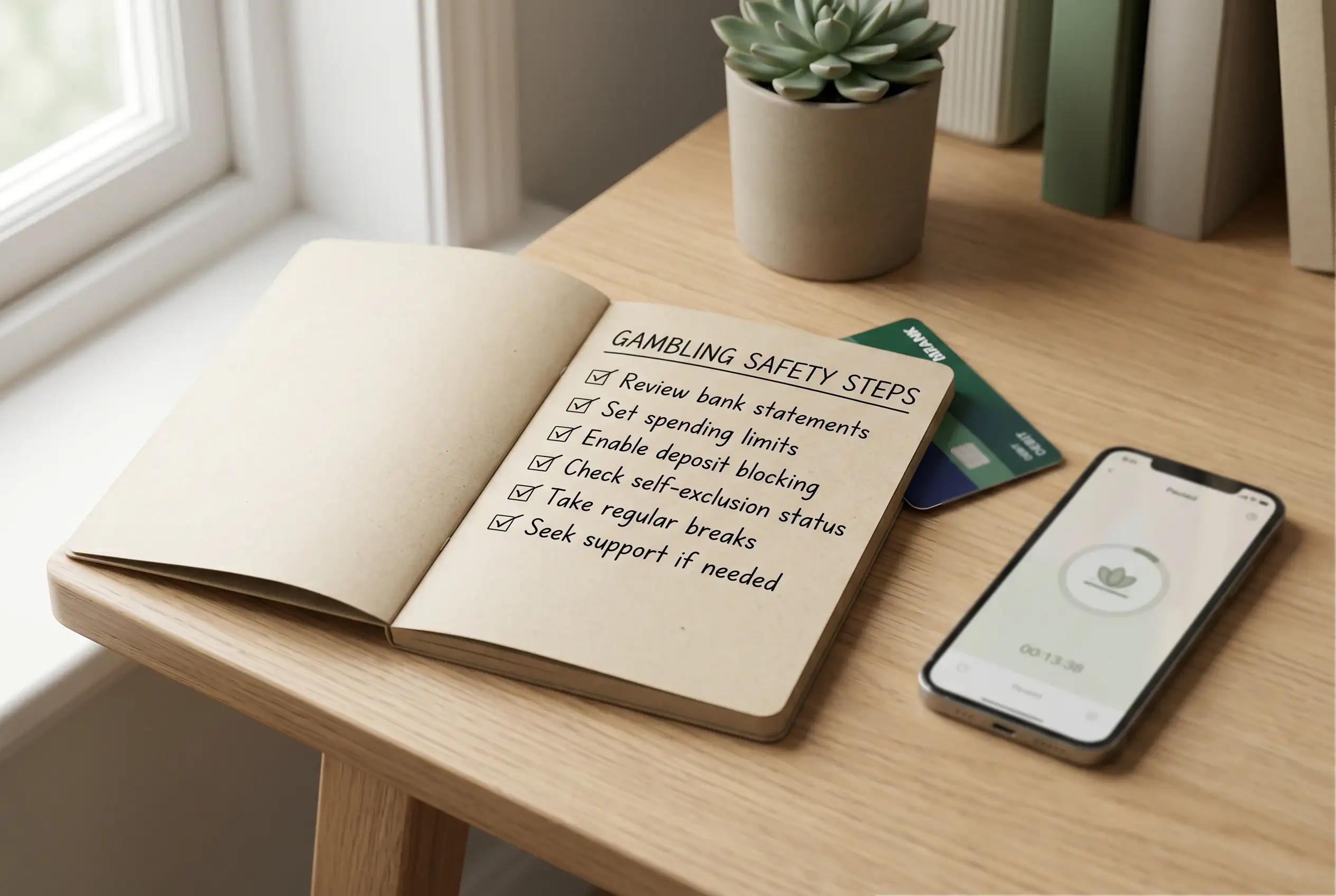 Calm desk scene with a checklist, bank card and support notes about gambling safety